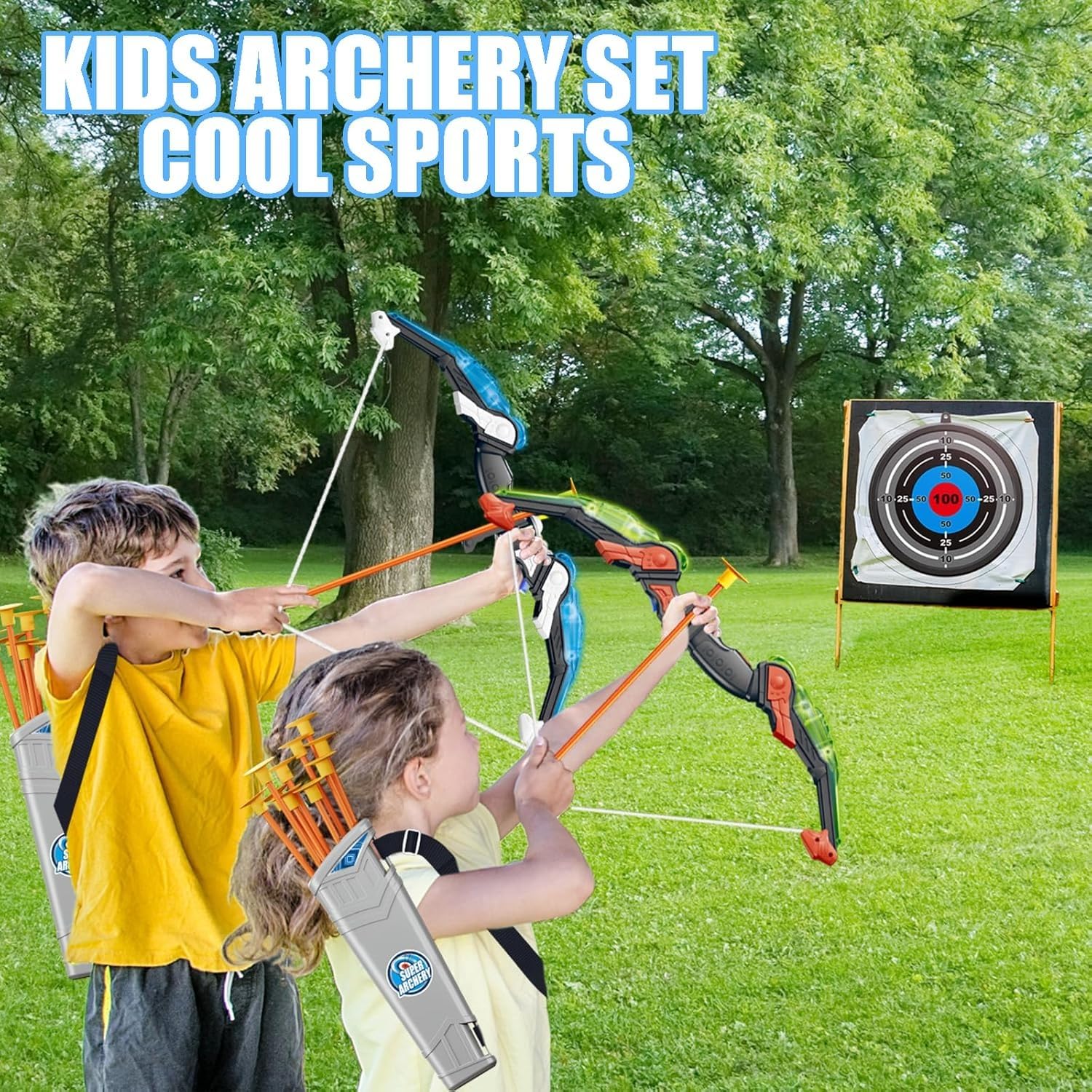 Cool LED Archery Toy Set - 1 Bow with 10 Suction - Cup Arrows, 1 Quiver, 1 Dartboard & 3 Bottles, Ideal for Boys and Girls Aged 3 - 12 for Indoor and Outdoor Play