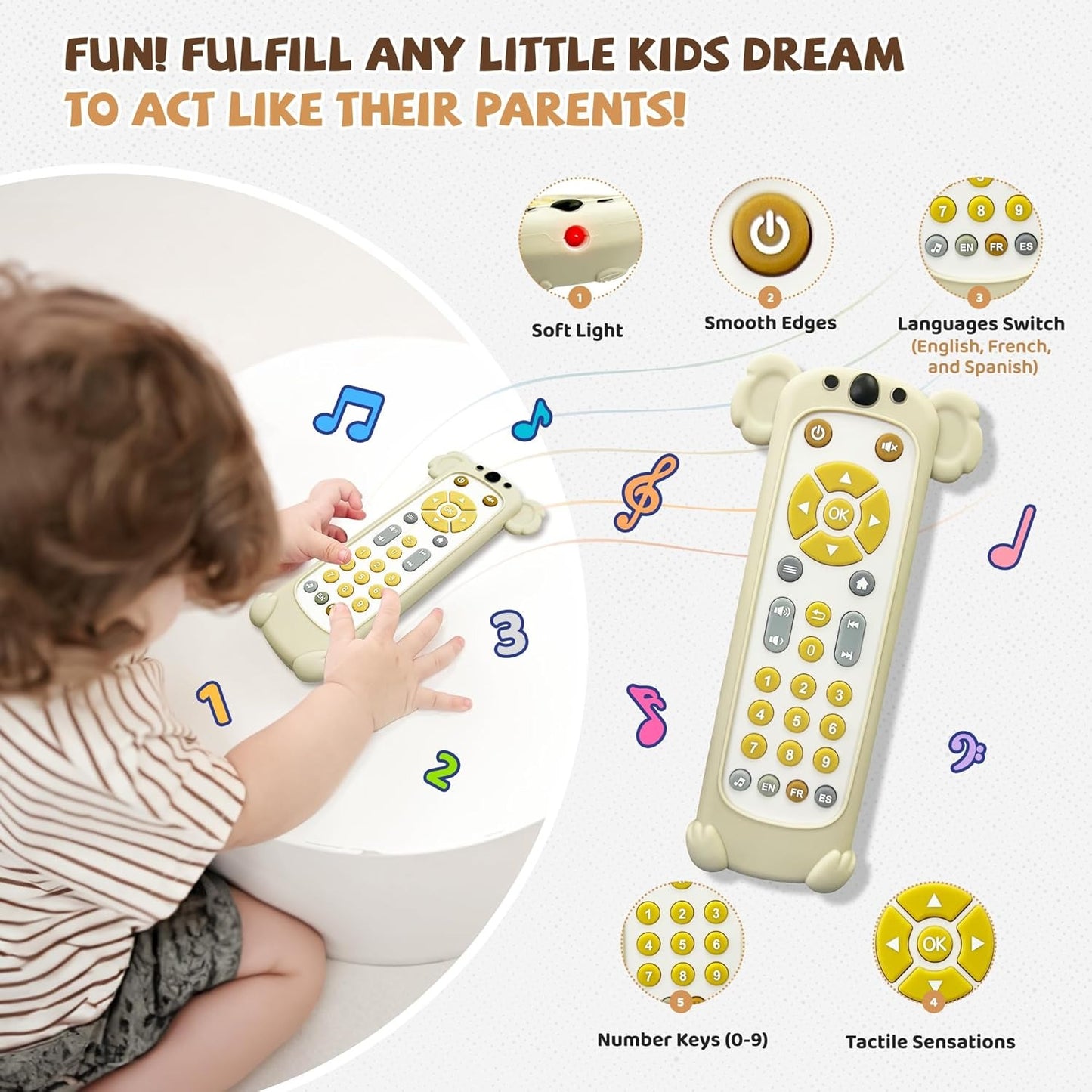 Baby Remote Control Toy with Koala Giraffe Cat Monkey Silicone Cover - Educational Musical Baby Toddler Toy with Realistic Games, Lights and Sounds - 6, 9, 12, 18 Months Boy Girl Gift