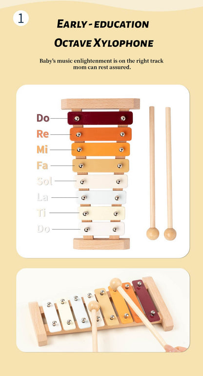 Montessori Wooden 7-Piece Orff Instrument Set for Kids - Includes Xylophone, Double Bells, Trumpet, Rain Stick, Triangle, Drum & Maracas - Educational Early Music Toys for Ages 18 Months+