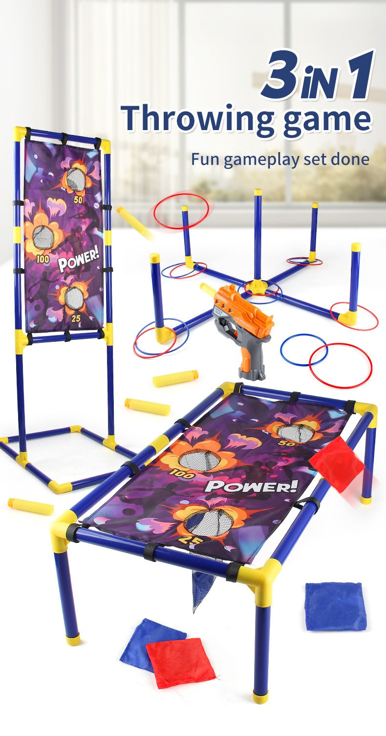 3-in-1 Kids' Carnival Game Set – Bean Bag Toss, Soft Dart Shooting & Ring Toss with 1 Blasters, 6 Foam Darts & 6 Bean Bags & 12 Hoops– Indoor/Outdoor Fun for Ages 5+ – Perfect Party Gift