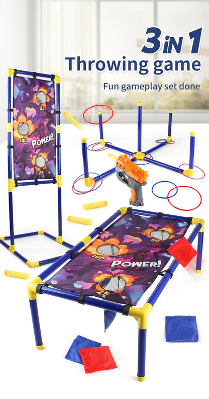 3-in-1 Kids' Carnival Game Set – Bean Bag Toss, Soft Dart Shooting & Ring Toss with 1 Blasters, 6 Foam Darts & 6 Bean Bags & 12 Hoops– Indoor/Outdoor Fun for Ages 5+ – Perfect Party Gift