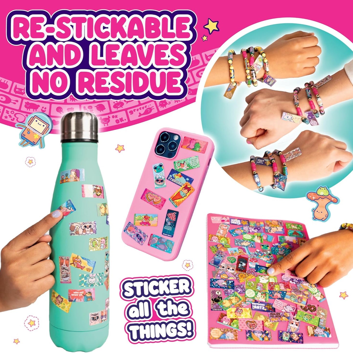 100+ Holographic Wearable Shareable Sticker Bracelet Set | with Mystery Rare Sticker Rolls | DIY Kawaii Surprise Toy for Girls