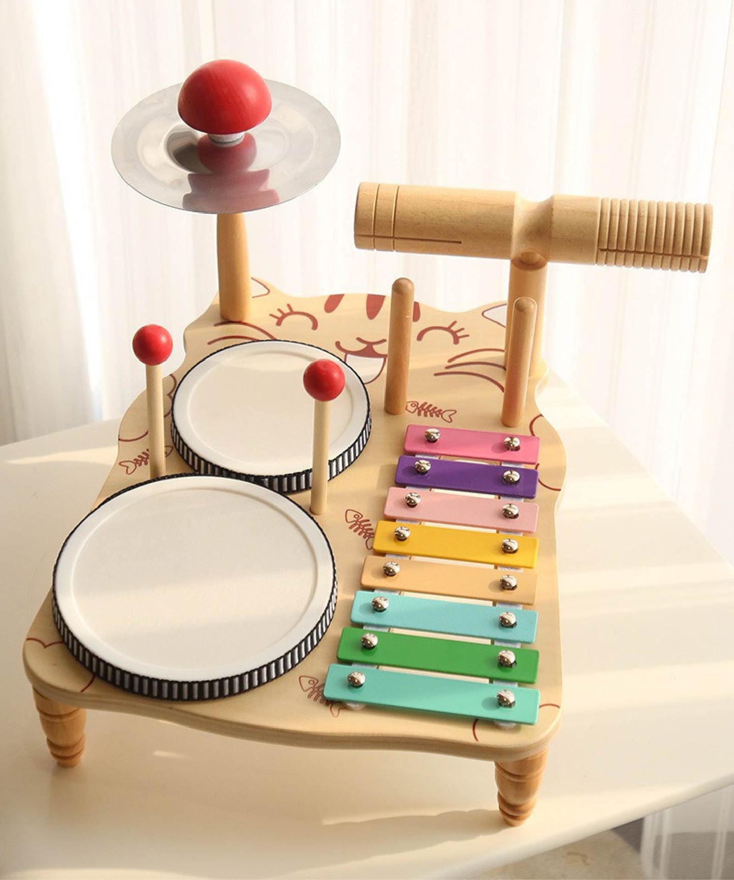 Montessori Wooden Musical Activity Table with Drum Set – 8-in-1 Toddler Drum Kit Including Xylophone, Cymbal & Bell – Early Development Toy for 18 Months+ Kids