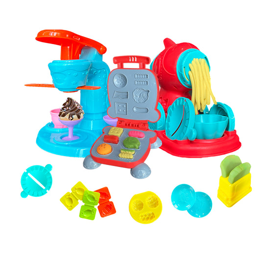 3-in-1 Kitchen Creations Set with Ice Cream Maker, Noodle Machine & Burger Press | Edible Dough Play Set for Kids Age 3+ | Gift Box
