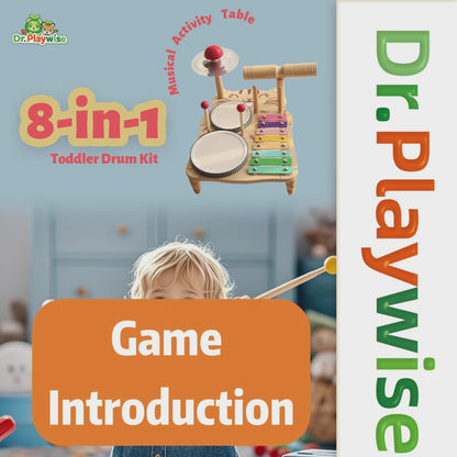 Montessori Wooden Musical Activity Table with Drum Set – 8-in-1 Toddler Drum Kit Including Xylophone, Cymbal & Bell – Early Development Toy for 18 Months+ Kids