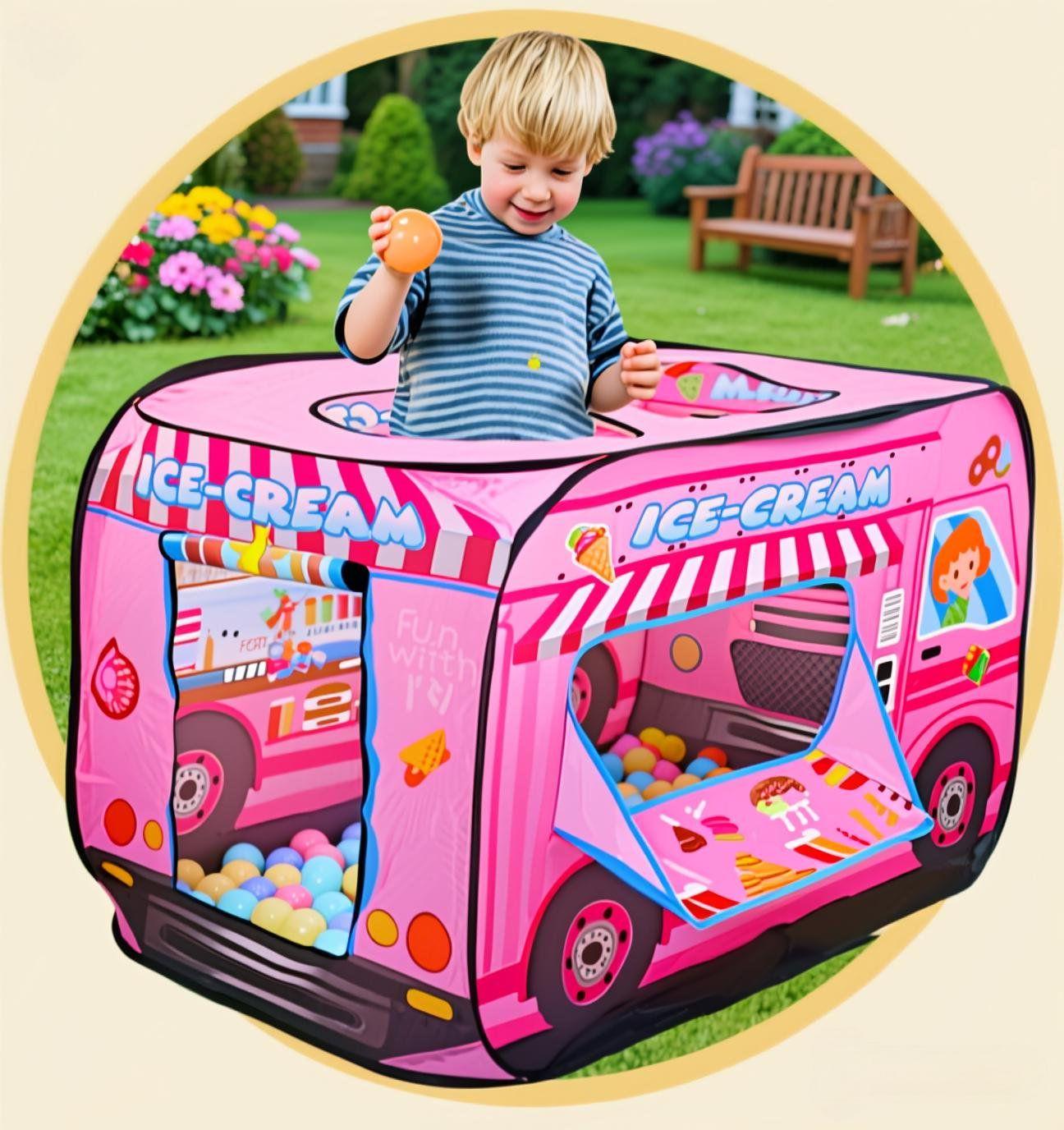 Pink Ice Cream Truck Pop Up Play Tent for Kids - Foldable Indoor/Outdoor Toy House No Assembly Needed, Gift for Girls Boys Aged 3 4 5 Years Old